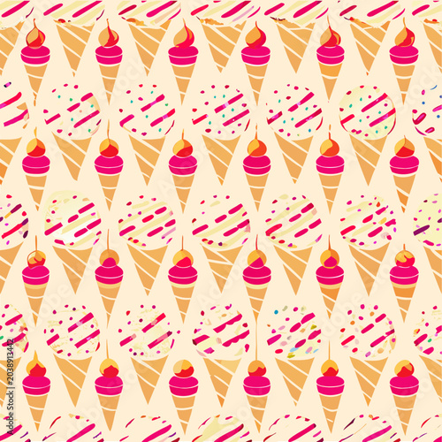 Bright seamless pattern with various ice cream cones, popsicles and scoops on cream background, sweet food dessert, hand-drawn vector sketch style, joyful summer mood, pink and yellow color palette.
