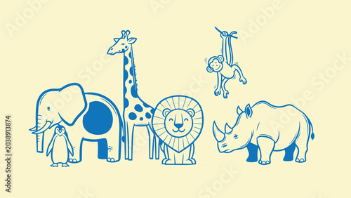 Photography Set of cute wild animals for children education graphic in blue outline style vector design