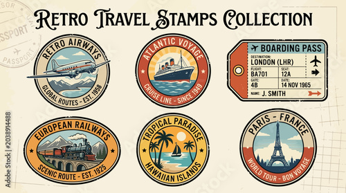 Bild auf Leinwand Retro Travel Stamps Collection Featuring Vintage Transportation and Destinations