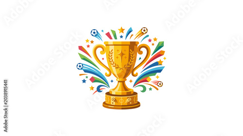 Golden trophy cup with colorful fireworks and stars