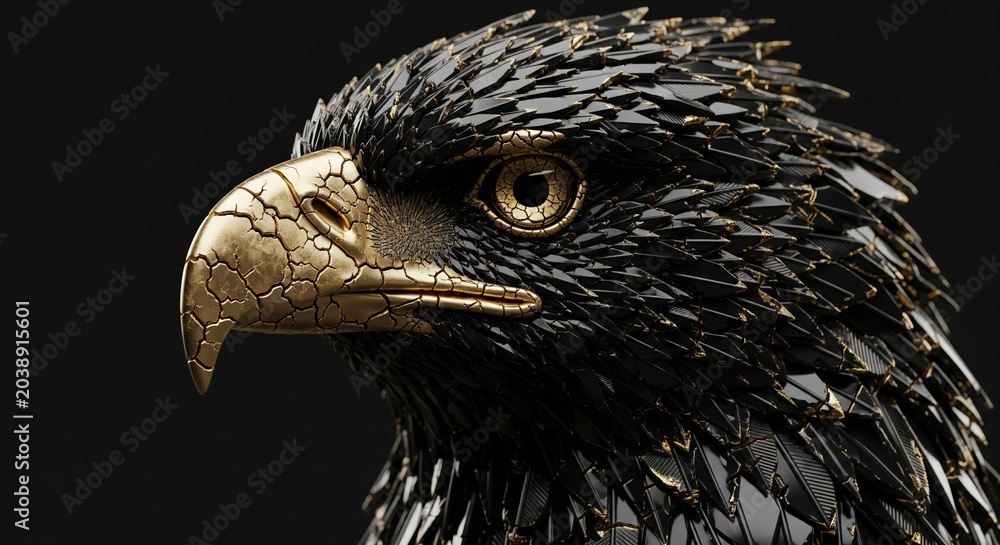 Fototapeta premium Black and Gold Eagle Head 3D Render Close Up on Dark Background for Design and Branding