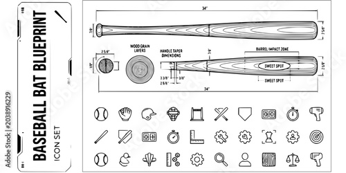 Photos Baseball Bat Blueprint Black White-Wood Grain Handle Taper Barrel Zone-Equipment