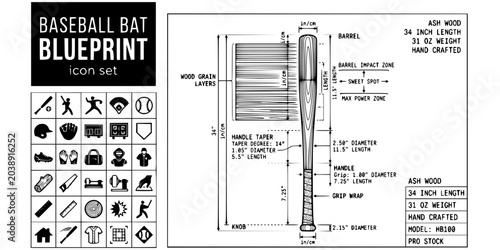 Schilderij op canvas Baseball Bat Blueprint Black White-Wood Grain Handle Taper Barrel Zone-Equipment