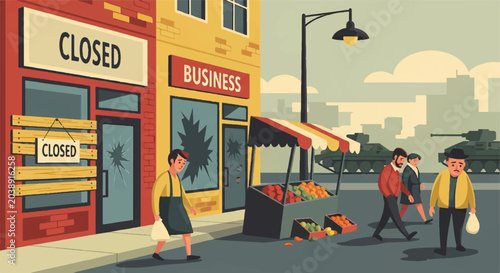 Photos Urban scene depicting economic downturn and civilian life