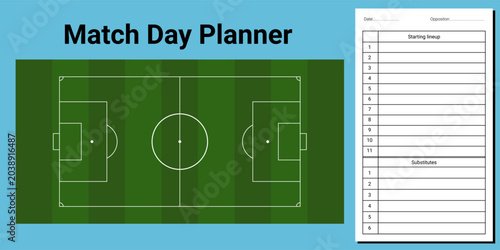 Soccer Match Day Planner Template with Football Pitch Layout and Starting Lineup Sheet Vector Illustration