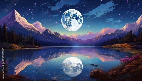 a serene night landscape with a bright full moon reflecting on a calm lake surrounded by mountains under a starry sky