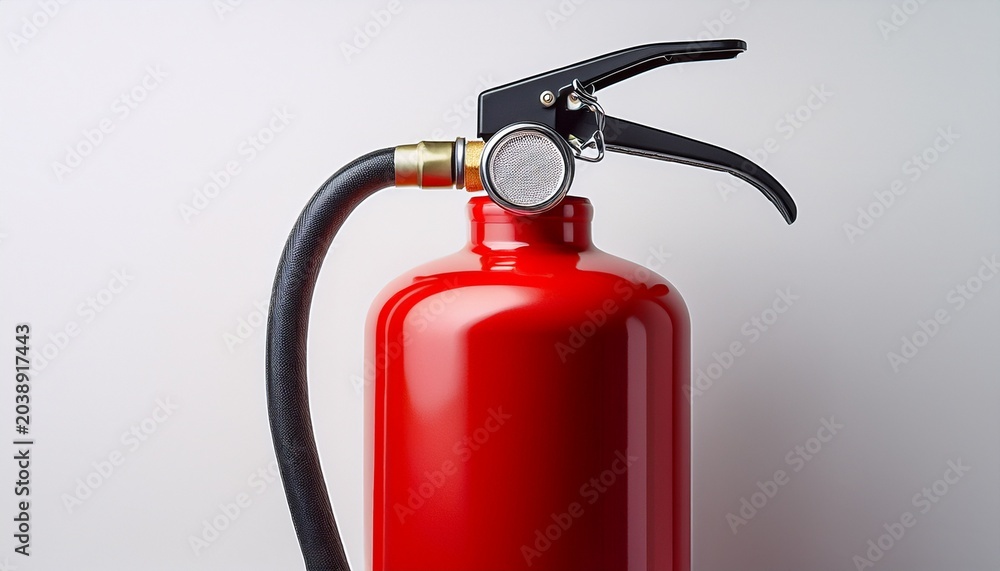 Obraz premium portable red fire extinguisher with metal handle and squeeze grip ready for emergency use on white background