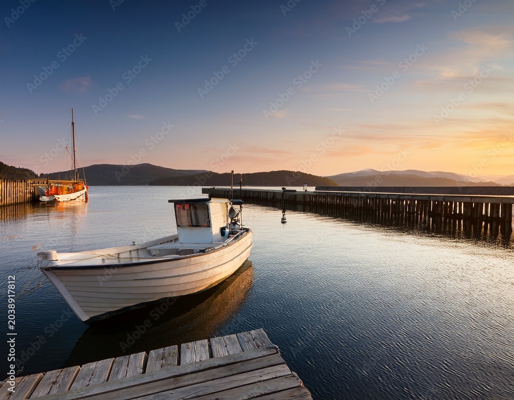 Fototapeta premium tranquil evening at the harbor with fishing boat and jetty