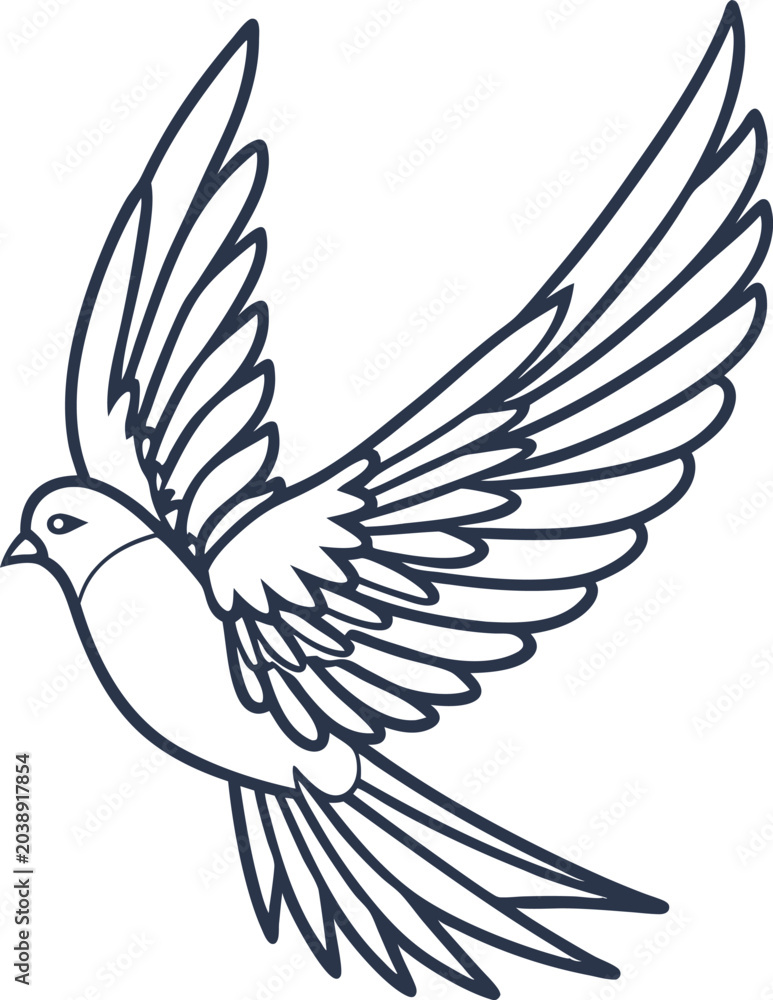 Obraz premium Flying dove with outstretched wings line art bird symbol of peace, freedom and hope in flight