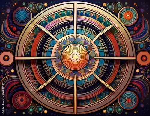 abstract geometric shapes and symbols arranged in a circular pattern around central circle