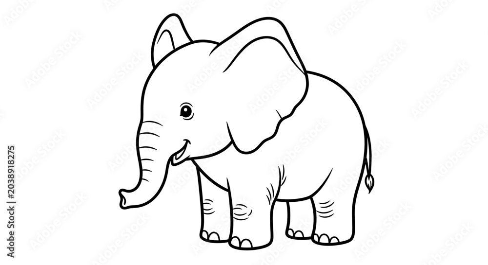 Fototapeta premium A black and white line art sketch depicts a cute baby elephant on a white background.