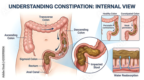 The human digestive system shows internal view of constipation.