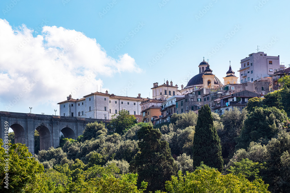 Fototapeta premium Ariccia town skyline with Chigi Palace and bridge, Italy