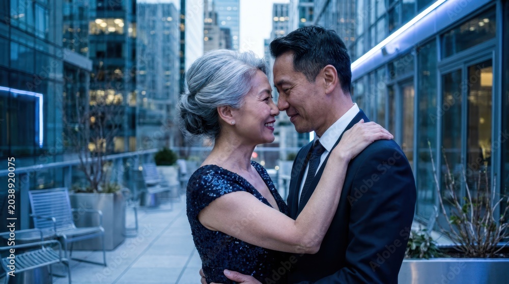 Fototapeta premium Elegant Asian couple embracing on a city rooftop at dusk