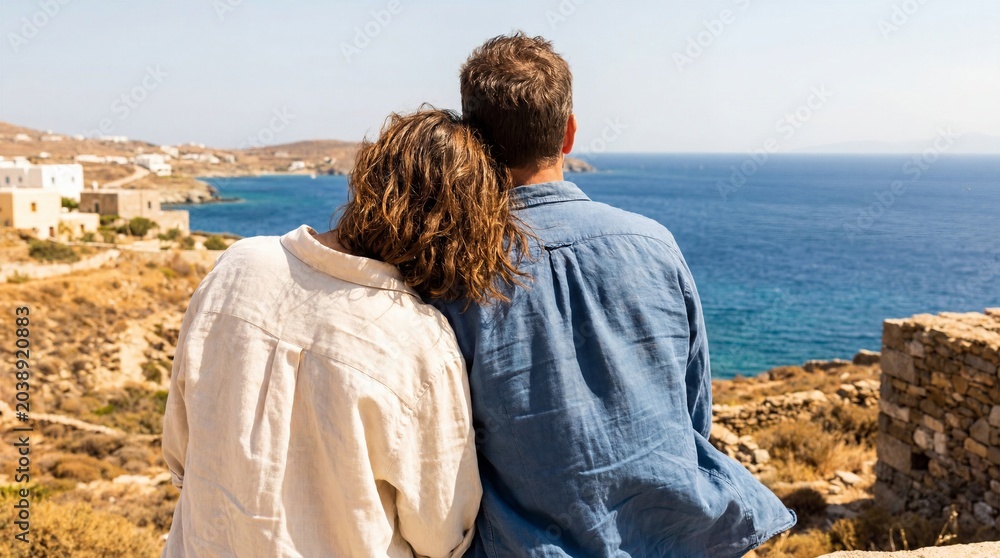 Fototapeta premium Rear View of Couple Illustrating Serene Togetherness and Shared Future on Sunny Mediterranean Coast