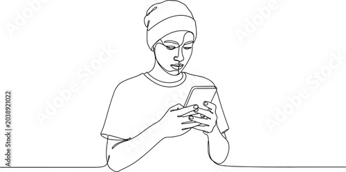 Tableau sur toile Continuous Line Drawing of a Person Wearing a Beanie Using a Smartphone