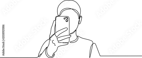 Schilderij op canvas Continuous line drawing of a person taking a selfie with a smartphone, minimalis