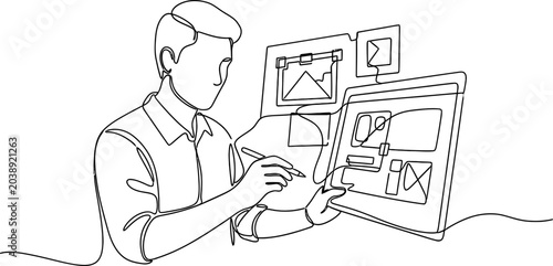 Designer creating wireframes on digital tablet with stylus, one line art