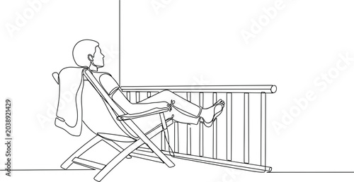 Bild auf Leinwand Man relaxing in deck chair on balcony, enjoying view, line art illustration