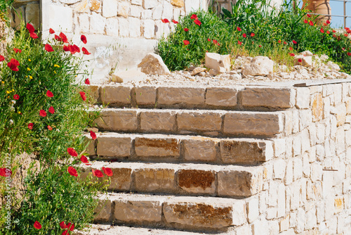 Foto Ancient stone steps ascending to a traditional greek cretan house, framed by vib