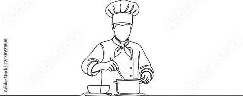 Foto Chef Cooking in Kitchen, Line Art Style