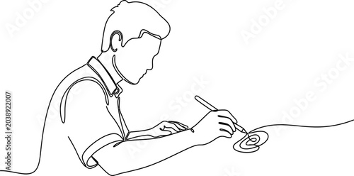 Man drawing with pen, continuous line art, creative process, artist at work, simple sketch