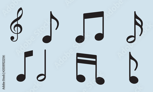 Black music notes on white background, minimalist musical symbols line art illustration