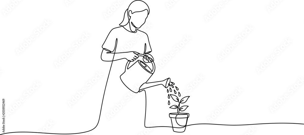 Fototapeta premium Woman watering a plant in a pot with a watering can, continuous line drawing.