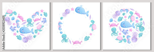 A set of decorative frames and backgrounds with cute cartoon sea animals on a white background. Whale, jellyfish, octopus, fish, seahorse, turtle, crab. Children's vector illustration for the design 