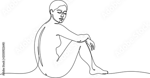 Konstfotografi Minimalist continuous line drawing of a woman sitting with eyes closed, elegant