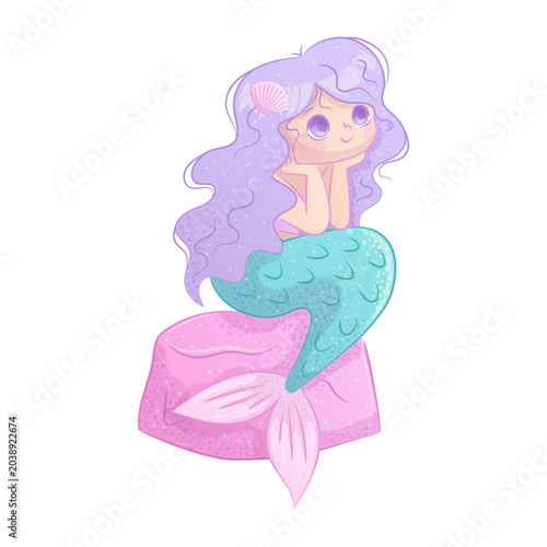 A hand-drawn cute mermaid with a shiny fish tail sitting on a stone on a white background. Isolated cartoon children's vector illustration for the design of postcards, postcards for printing, textiles