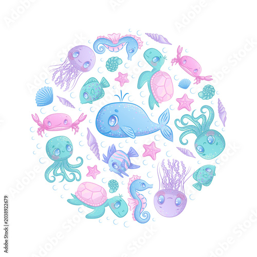 Cute cartoon sea animals in the shape of a circle on a white background. Whale, jellyfish, octopus, fish, seahorse, turtle, crab. Children's vector illustration for the design of poster, postcard