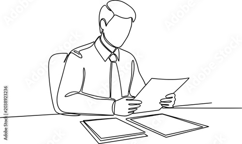 Obraz na plátne Businessman reading documents at desk, single line drawing, minimalist office sc
