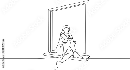 Foto Woman Sitting In Window Frame, Continuous Line Drawing, Minimalist Style