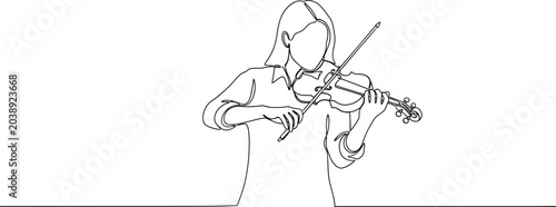 Fotografía Line Art Drawing of Woman Playing Violin, Minimalist Musical Performance