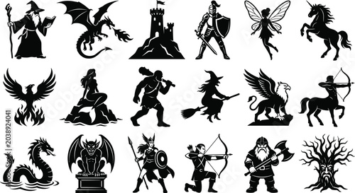 Obraz na plátne Fantasy Mythical Creatures and Medieval Character Silhouette Vector Bundle with