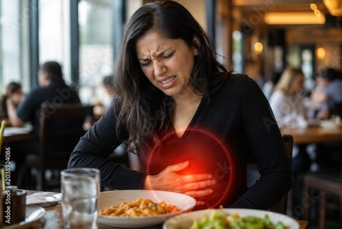 Young woman grimacing in pain at restaurant table, holding her stomach. Red glowing circle highlights stomach ache or food poisoning. Female customer health problem medical concept layout