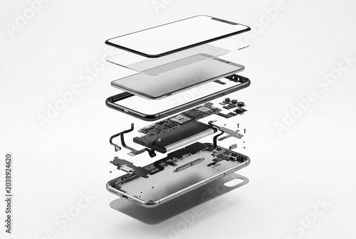 Detailed exploded view of a modern smartphone showing screen, battery, motherboard and internal components in clean perspective. Ideal for technology, repair, engineering and mobile design concepts.