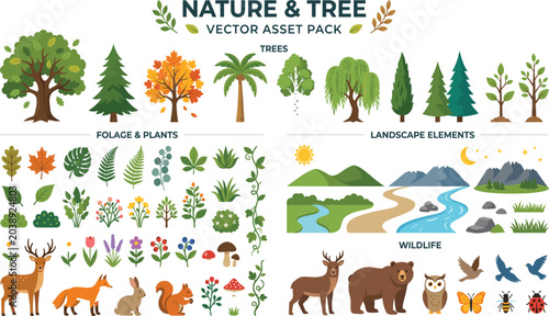 Obraz na plátně Comprehensive nature vector asset pack featuring various trees, foliage plants, forest wildlife animals, mountains, rivers, and landscape elements for outdoor environment design and illustration