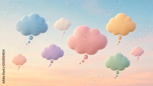 Abstract thought bubbles floating against a gradient sky, representing ideas and creativity.