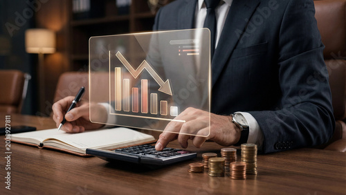 Businessman using calculator with holographic falling chart and coins showing financial loss business decline declining revenue economic recession budget crisis and downward profit analysis technology