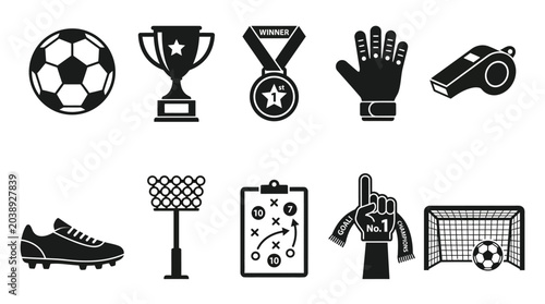 Simple flat silhouette icon collection of football championship symbols  soccer ball  trophy cup  winner medal  goalkeeper glove  referee whistle  football boot  stadium light  tactical board 