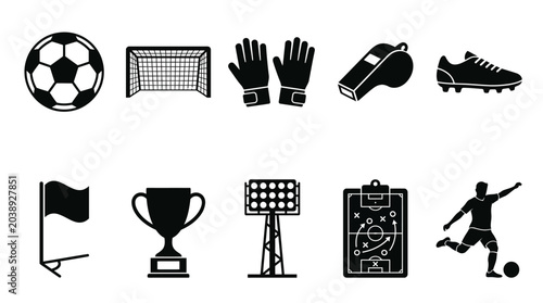 Flat silhouette vector icon set of football elements  soccer ball  goal post  goalkeeper gloves  referee whistle  football boot  corner flag  trophy cup  stadium light  tactic board  and player