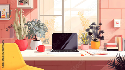 Colorful Summer Remote Work Illustration of Laptop on Desk Surrounded by Indoor Plants
