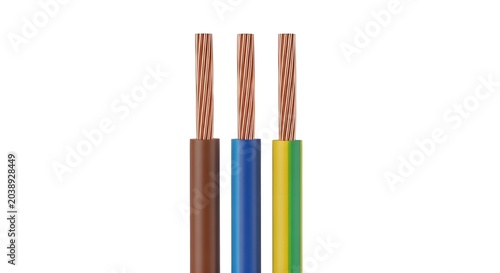 Three Single Core Copper Electrical Cables with Brown Blue and Yellow Green Insulation Isolated on White Background