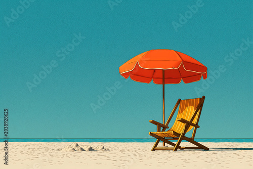 Summer Relaxation Illustration of Lonely Beach Chair and Orange Umbrella on Sandy Shore