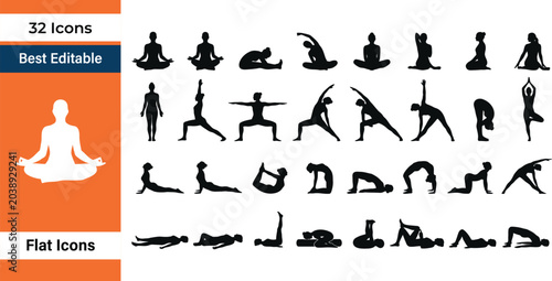 Foto Yoga Silhouette Icons Set — Women Fitness Poses, Meditation, Stretching and Well