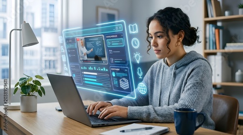 A young female student sitting at a wooden desk, working on her laptop while interacting with a bright, transparent blue educational hologram floating in front of her.