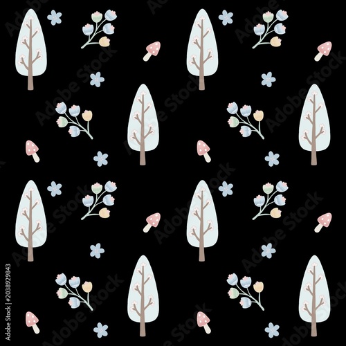Cute Forest Seamless Pattern on Black Background
