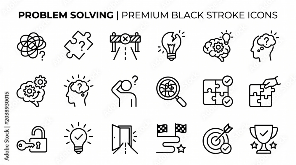 Fototapeta premium Premium black stroke icons illustrate various problem solving concepts and symbols.